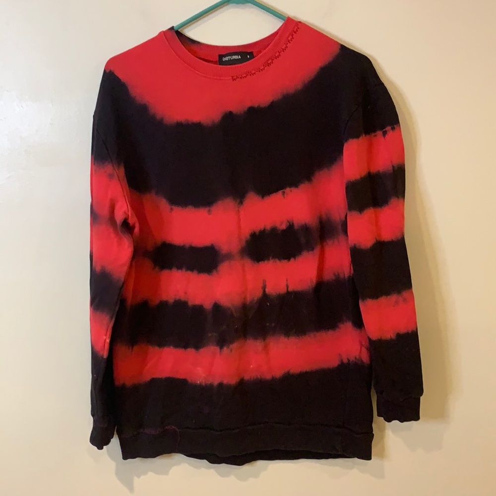Disturbia Distressed Red & Black Tiedyed Crew Neck Sweatshirt emo goth grunge